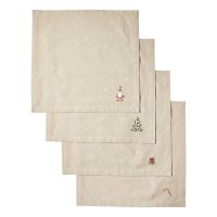 Bomuld Mundserviet Jul - Natur m. Broderede Julemotiver - 4 stk.