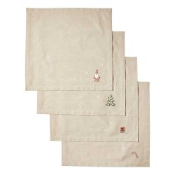 Bomuld Mundserviet Jul - Natur m. Broderede Julemotiver - 4 stk.