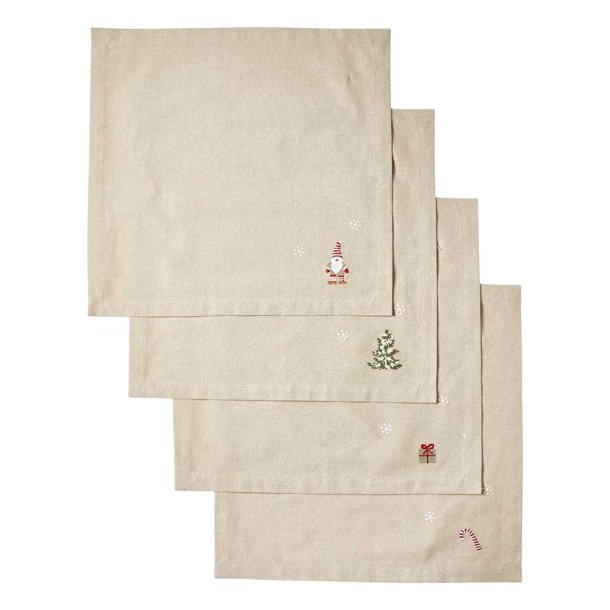 Bomuld Mundserviet Jul - Natur m. Broderede Julemotiver - 4 stk.