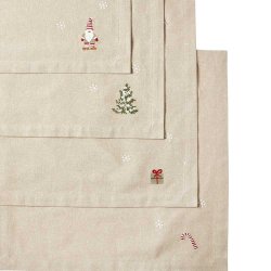 Bomuld Mundserviet Jul - Natur m. Broderede Julemotiver - 4 stk.