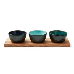 Bitz Cabarets�t 3 Sk�le + Serveringsfad - Sort m. M�rkebl�/Lysebl�/Gr�n