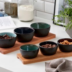 Bitz Cabarets�t 3 Sk�le + Serveringsfad - Sort m. M�rkebl�/Lysebl�/Gr�n