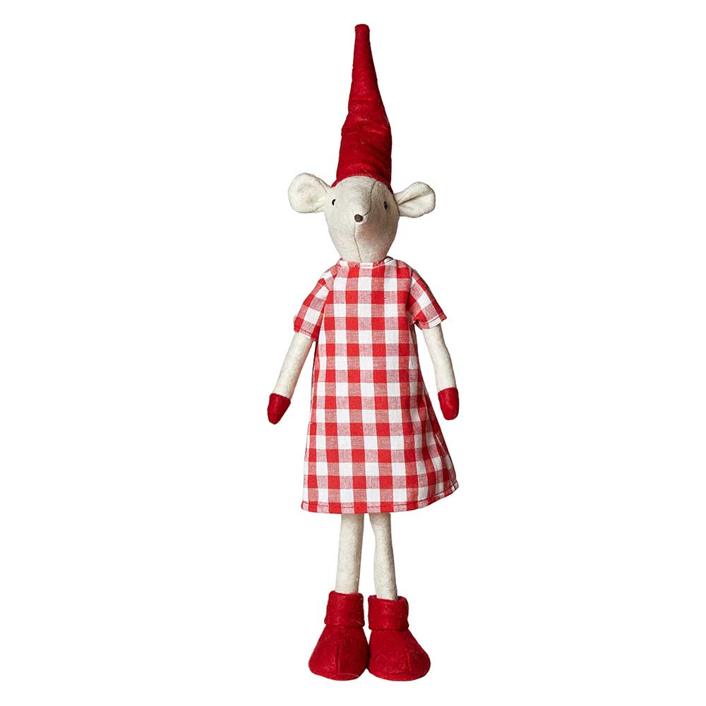 Julemus Pige m. Nissehue - 40 cm. - Grå/Rød/Hvid