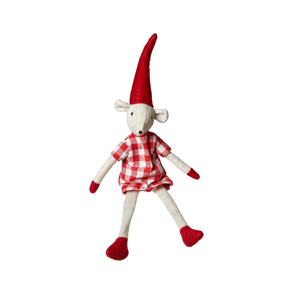 Julemus Siddende Pige m. Nissehue - 30 cm. - Grå/Rød/Hvid
