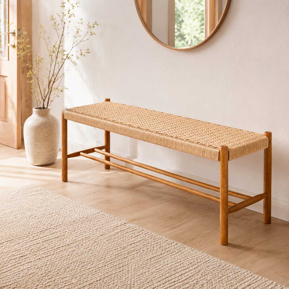 Indendørs Bænk m. Flettet Sæde - 120 cm. - Egetræ/Natur