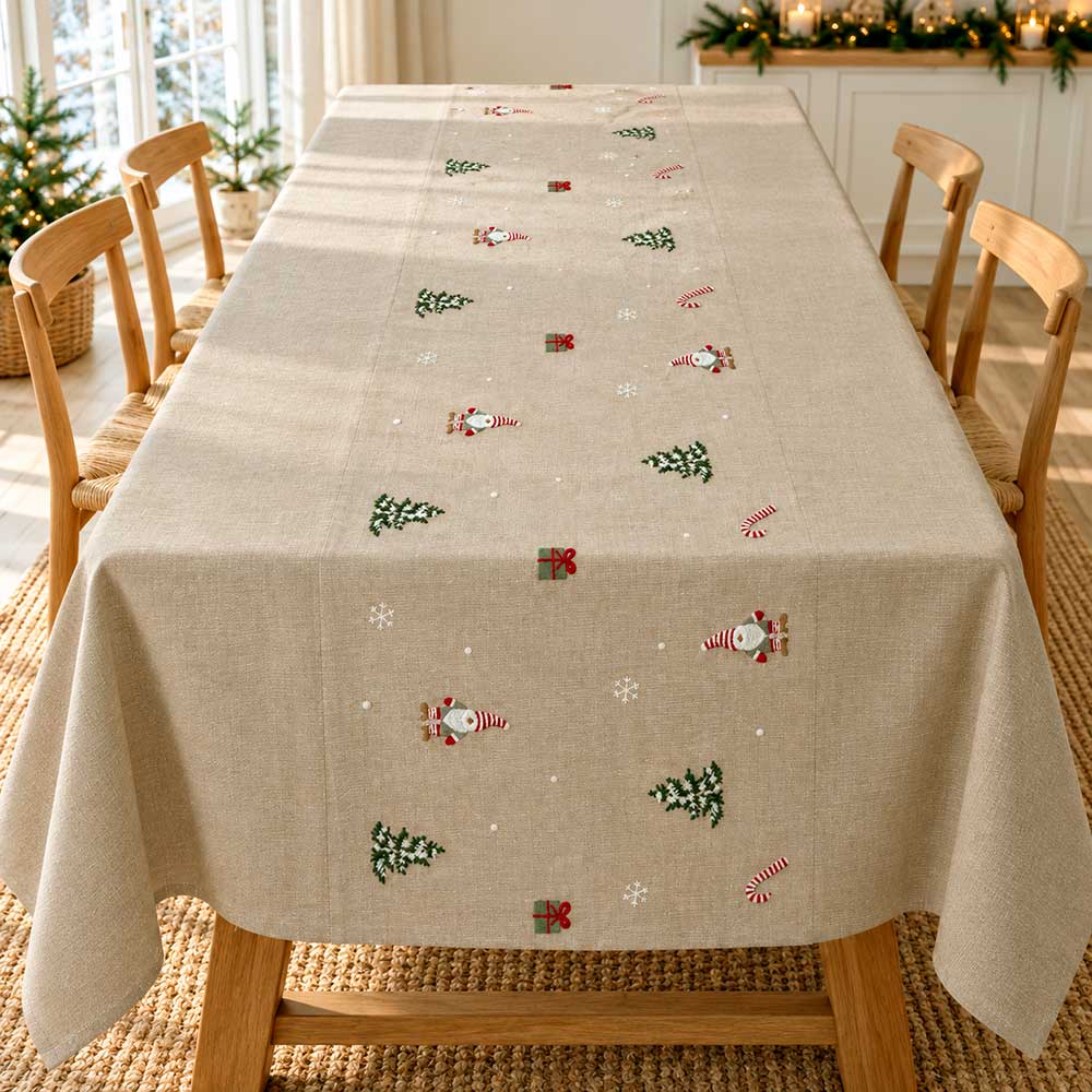 Bomuld Juledug - Natur m. Broderede Julemotiver 140 x 320 cm.