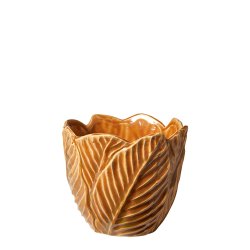  H�ndlavet Keramik Urtepotteskjuler Med K�lblade - 13,5x13,5 cm. - Brun