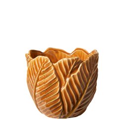H�ndlavet Keramik Urtepotteskjuler Med K�lblade - 17,5x17,5 cm. - Brun