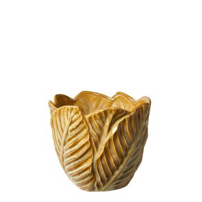 Hndlavet Keramik Urtepotteskjuler Med Klblade - 13,5x13,5 cm. - Gylden