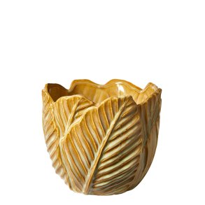 Hndlavet Keramik Urtepotteskjuler Med Klblade - 17,5x17,5 cm. - Gylden