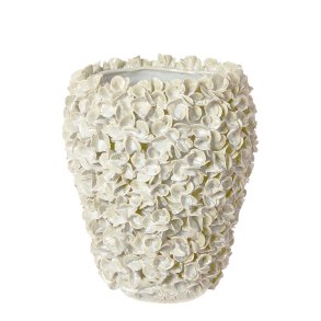 Hndlavet Keramik Vase Med Blomster - 24,5x29 cm. - Hvid