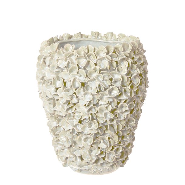 Hndlavet Keramik Vase Med Blomster - 24,5x29 cm. - Hvid