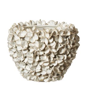 H�ndlavet Keramik Urtepotteskjuler Med Blomster - 21,5x17,5 cm. - Hvid