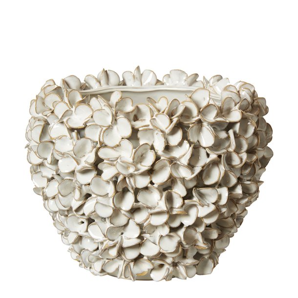 H�ndlavet Keramik Urtepotteskjuler Med Blomster - 21,5x17,5 cm. - Hvid