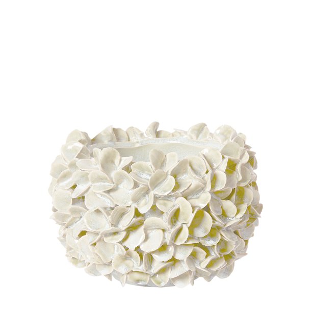 Hndlavet Keramik Urtepotteskjuler Med Blomster - 15x11 cm. - Hvid