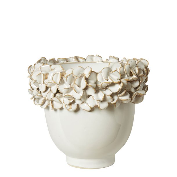 Hndlavet Keramik Urtepotteskjuler Med Blomster - 17x15 cm. - Hvid