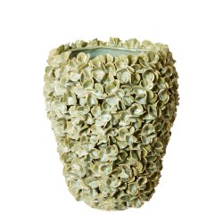 H�ndlavet Keramik Vase Med Blomster - 24,5x29 cm. - Gr�n