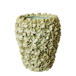 Hndlavet Keramik Vase Med Blomster - 24,5x29 cm. - Grn