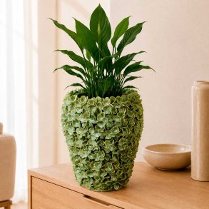 H�ndlavet Keramik Vase Med Blomster - 24,5x29 cm. - Gr�n