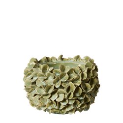 H�ndlavet Keramik Urtepotteskjuler Med Blomster - 15x11 cm. - Gr�n