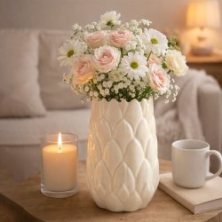 H�ndlavet Keramik Vase Med Blade - 25 cm. - Glaseret Hvid