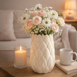 H�ndlavet Keramik Vase Med Blade - 25 cm. - Glaseret Hvid