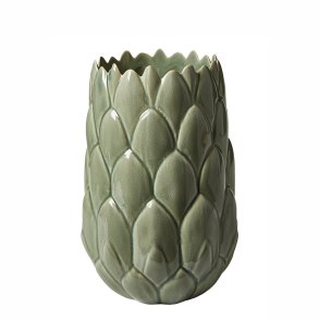 Hndlavet Keramik Vase Med Blade - 25 cm. - Glaseret Grn