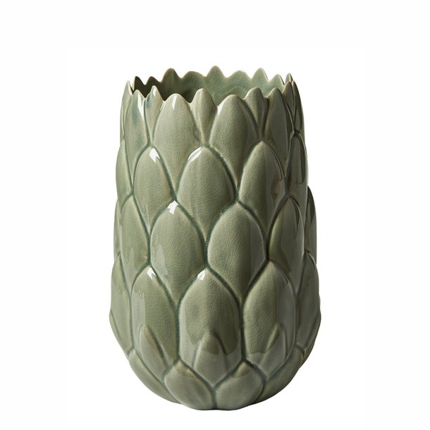 Hndlavet Keramik Vase Med Blade - 25 cm. - Glaseret Grn