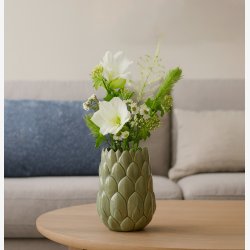 Hndlavet Keramik Vase Med Blade - 25 cm. - Glaseret Grn