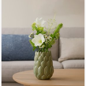 H�ndlavet Keramik Vase Med Blade - 25 cm. - Glaseret Gr�n