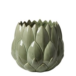 H�ndlavet Keramik Urtepotteskjuler Med Blade - 22,5x20 cm. - Glaseret Gr�n