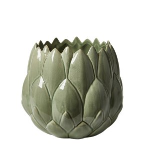 Hndlavet Keramik Urtepotteskjuler Med Blade - 22,5x20 cm. - Glaseret Grn