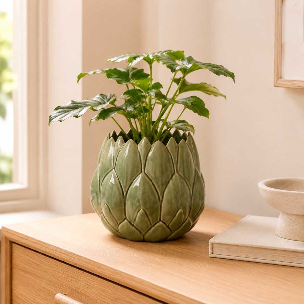 H�ndlavet Keramik Urtepotteskjuler Med Blade - 22,5x20 cm. - Glaseret Gr�n