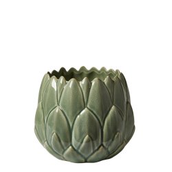 H�ndlavet Keramik Urtepotteskjuler Med Blade - 17x14,5 cm. - Glaseret Gr�n