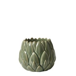 H�ndlavet Keramik Urtepotteskjuler Med Blade - 11,5x10 cm. - Glaseret Gr�n