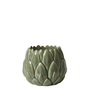 Hndlavet Keramik Urtepotteskjuler Med Blade - 11,5x10 cm. - Glaseret Grn