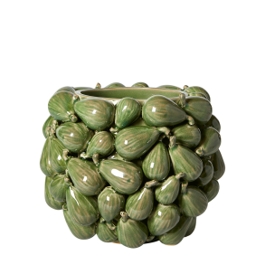 Hndlavet Keramik Urtepotteskjuler Med Figner  - 18x15 cm. - Grn