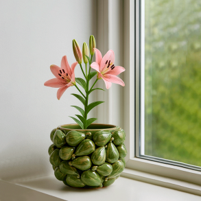 H�ndlavet Keramik Urtepotteskjuler Med Figner  - 18x15 cm. - Gr�n