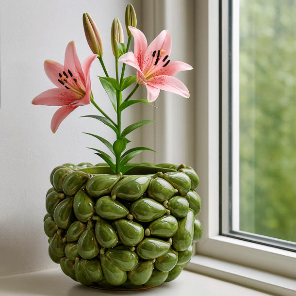 H�ndlavet Keramik Urtepotteskjuler Med Figner  - 21x17 cm. - Gr�n