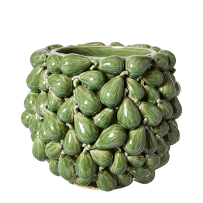 Hndlavet Keramik Urtepotteskjuler Med Figner - 23x19 cm. - Grn