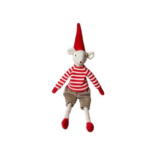 Julemus Siddende Dreng m. Nissehue - 30 cm. - Gr/Rd/Hvid