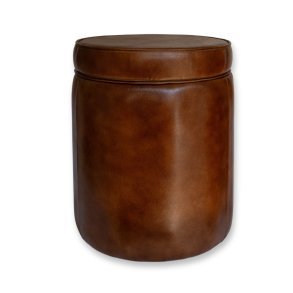 Rund Lderpuf m. Lg Til Opbevaring 38 cm. - Cognac