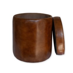 Rund Lderpuf m. Lg Til Opbevaring 38 cm. - Cognac