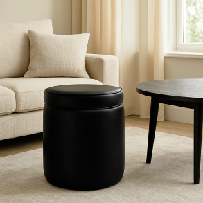 Rund L�derpuf m. L�g Til Opbevaring �38 cm. - Sort