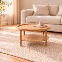 Sofabord Med Hylde - Rundt �80 cm  - Massiv Egetr�