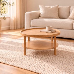 Sofabord Med Hylde - Rundt �80 cm  - Massiv Egetr�