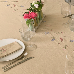 Bomuld Dug - Natur m. Broderede Blomster