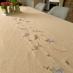 Bomuld Dug - Natur m. Broderede Blomster