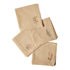 Dacore Bomuld Mundserviet - Natur m. Broderede Blomster - 4 stk.