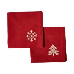 Dacore Bomuld Mundserviet Jul - R�d m. Broderet Snefnug og Juletr� - 4 stk.
